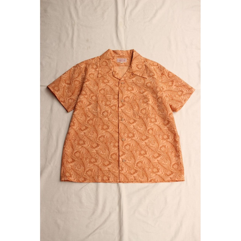 ADJUSTABLE COSTUME / COTTON CHAMBRAY ORIGINAL PEACOCK PRINT OPEN COLLAR S/S SHIRT (AS-148,ORANGE) 38