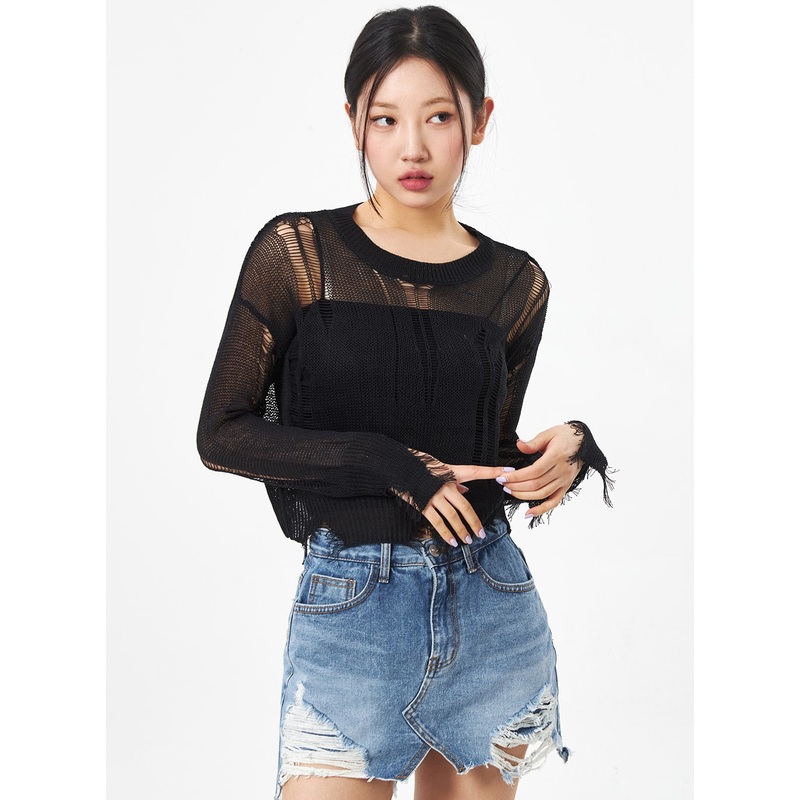 Crewneck Ripped Sweater CA307 Light beige S/M