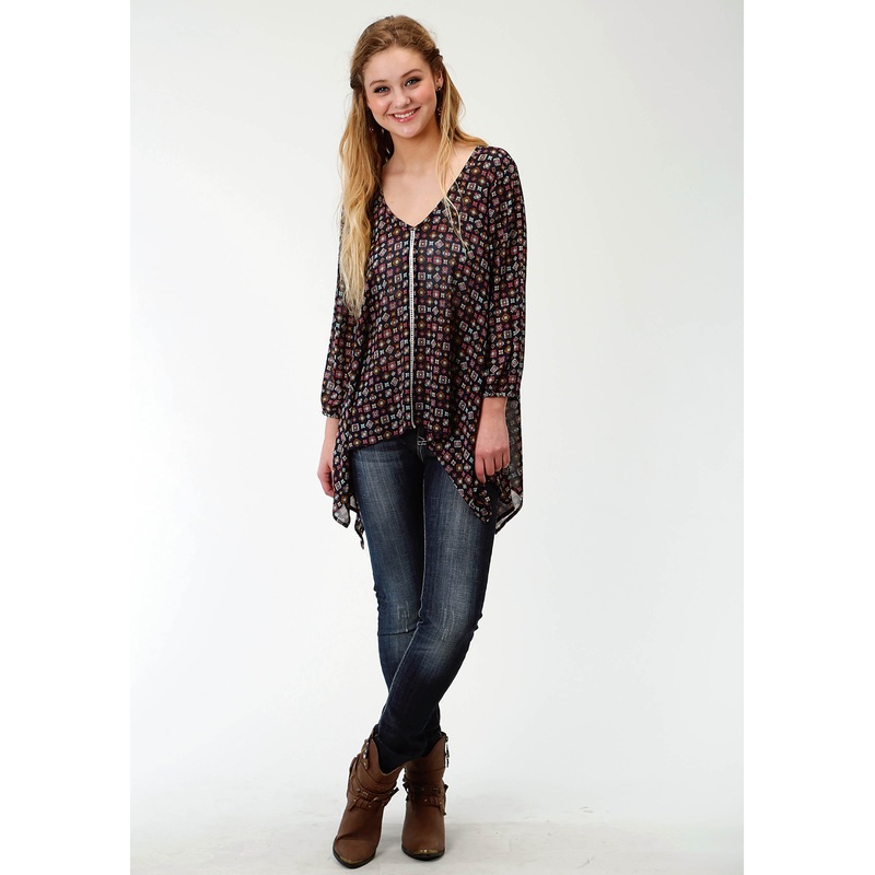 Womens Multicolored Print Long Sleeve Tunic Length Western Shirt XS