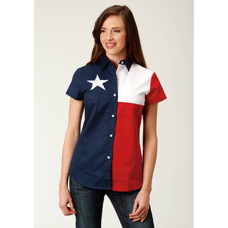 Womens Red White And Blue Pieced Texas Flag Short Sleeve Western Snap Shirt XS