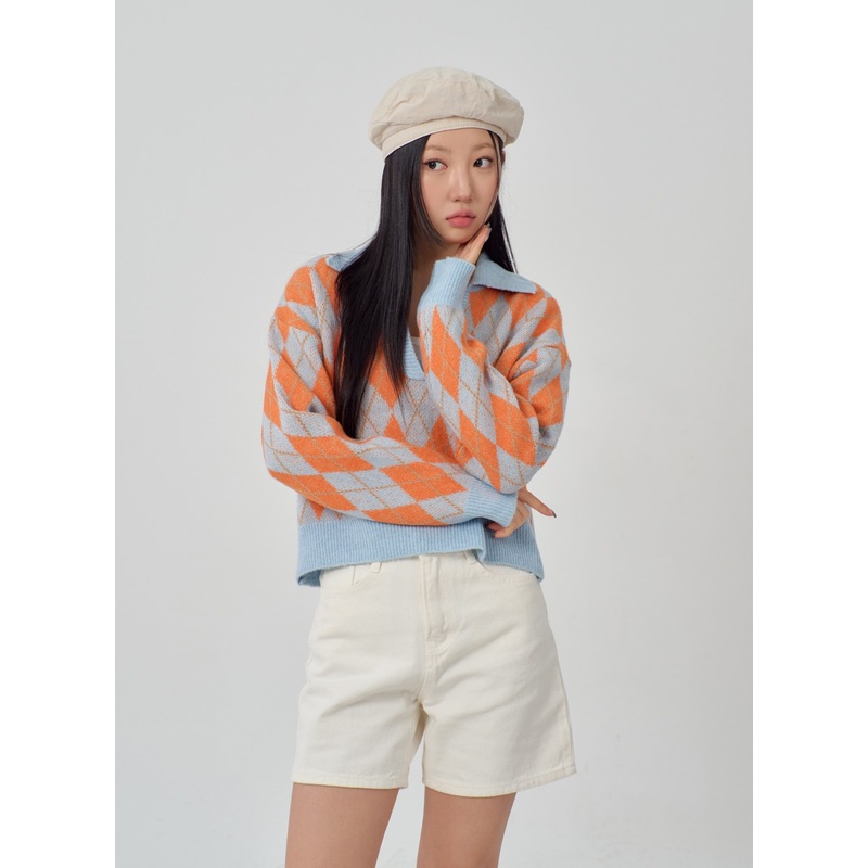 Argyle Pattern Sweater IM315 Light beige S/M