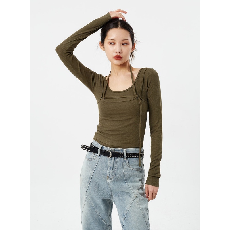 Layered Neck Strap Top CM307 Light beige S/M