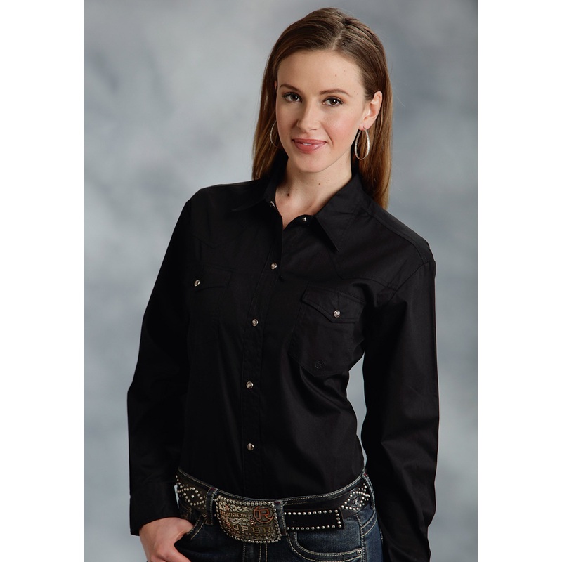 Womens Black Solid Long Sleeve Western Snap Shirt XS