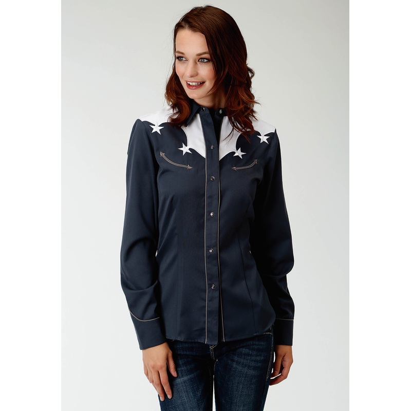 Womens Blue With White Yokes And Stars Long Sleeve Western Snap Shirt XS