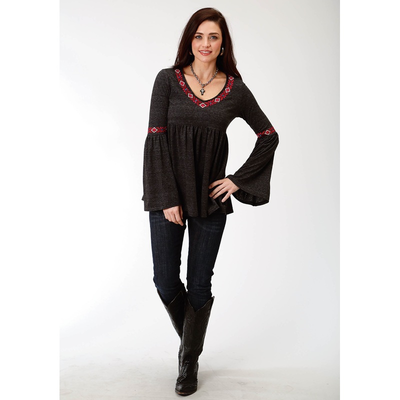 Womens Grey Solid With Embroidery Long Sleeve Knit Top XS