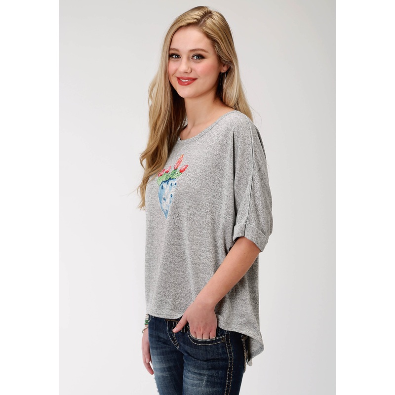 Womens Grey Solid With Screen Print Sweater Short Sleeve Knit Top XS