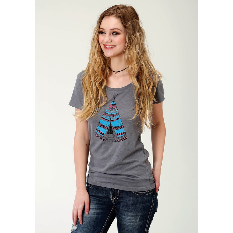 Womens Grey Solid With Teepee Print Short Sleeve Knit Top XS