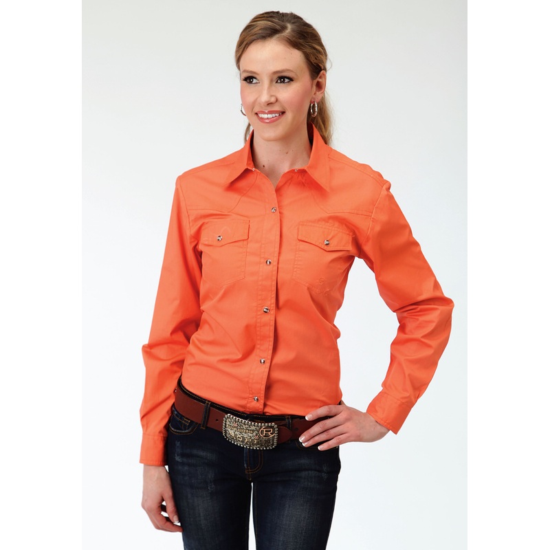 Womens Orange Long Sleeve Western Snap Shirt Solid XS