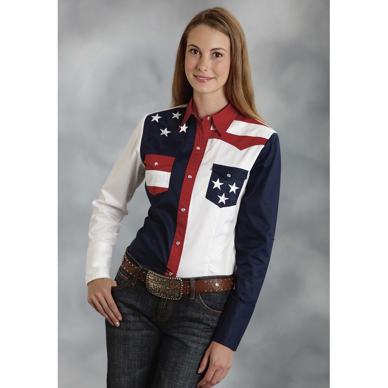 Womens Red White And Blue Colorblocked Pieced Long Sleeve Western Snap Shirt XS