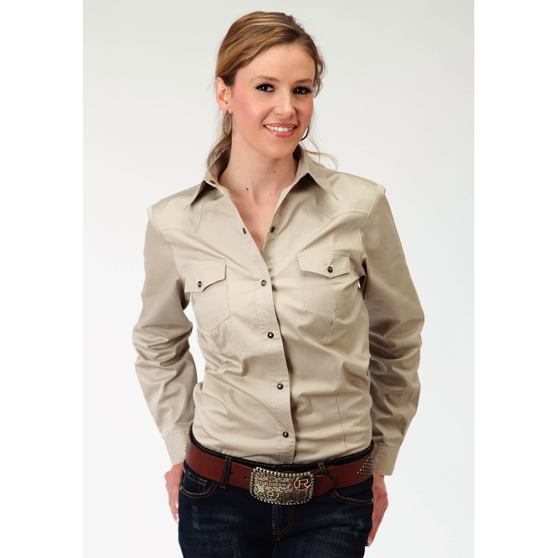 Womens Tan Long Sleeve Western Snap Shirt XS