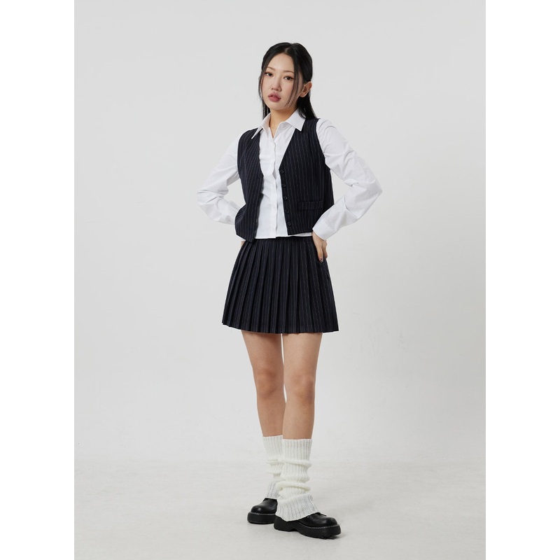 Pinstripe Pleated Mini Skirt CF301 Dark blue S