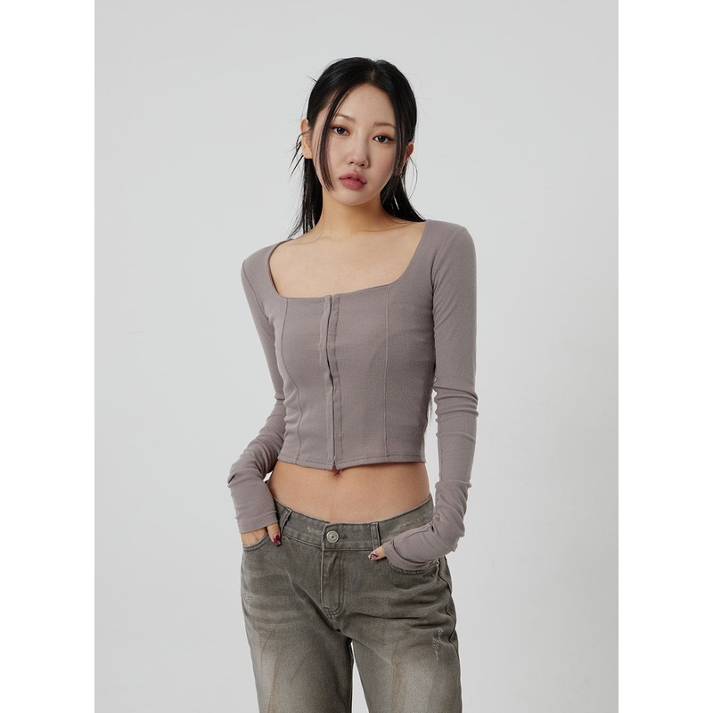 Square Neck Cropped Zip-Up CF301 White S/M