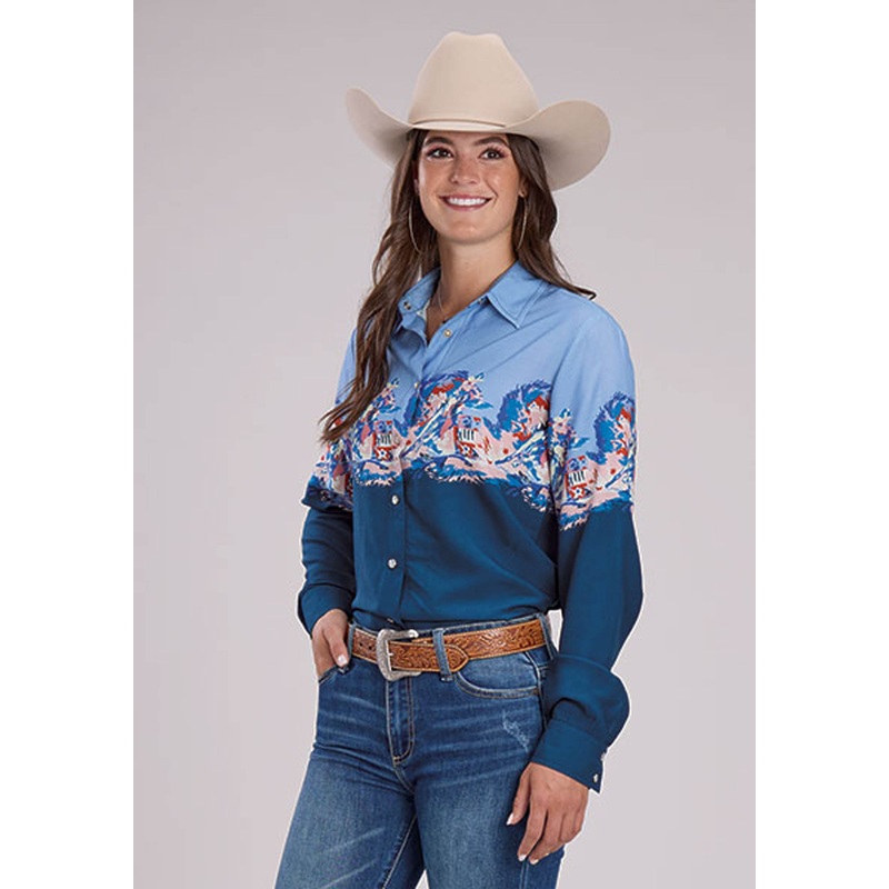 Womens Barrel Race Border Print Long Sleeve Snap Western Shirt XS