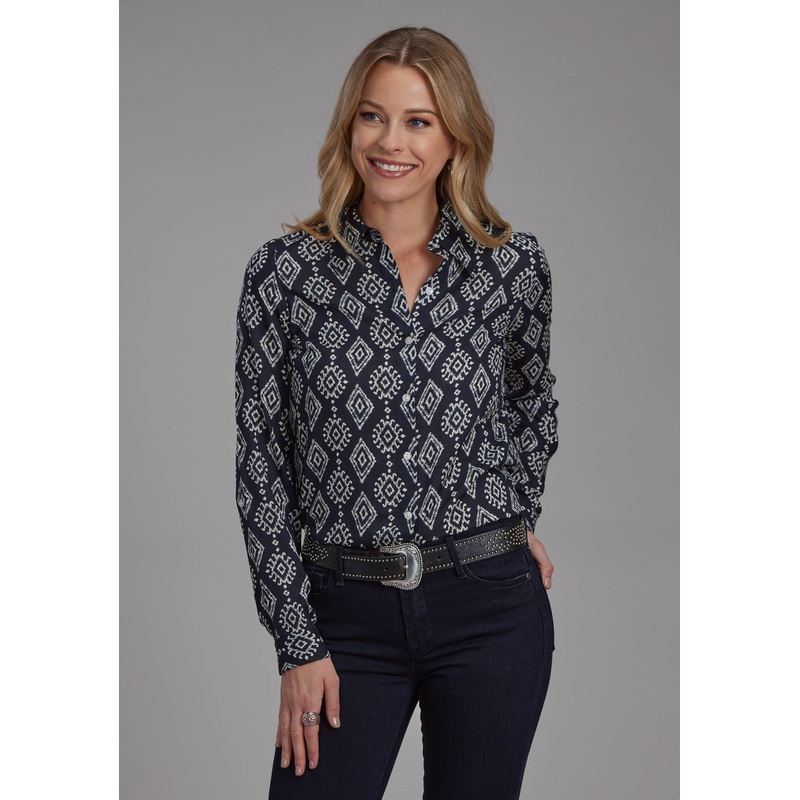 Womens Black Cream Ikat Print Rayon Long Sleeve Button Western Shirt XS