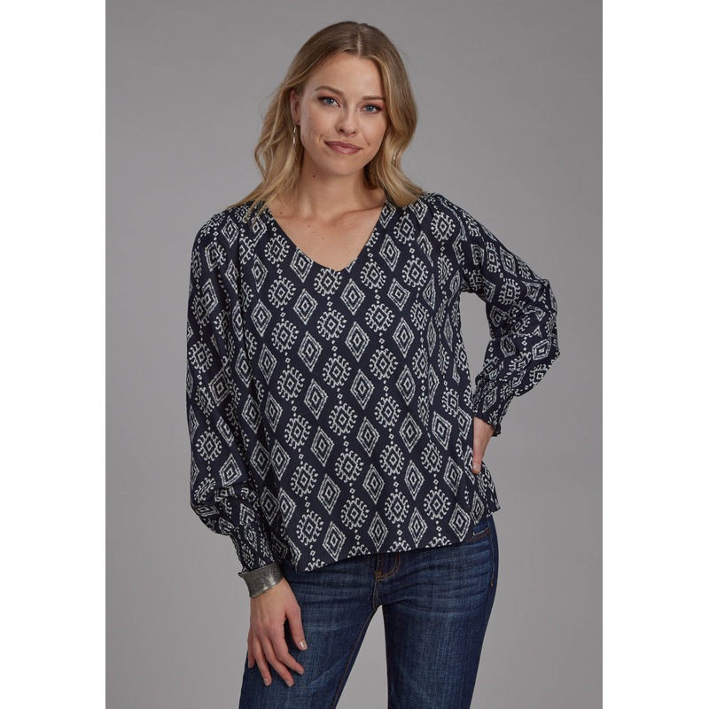 Womens Black Cream Ikat Print Rayon Long Sleeve Pullover Western Shirt XS