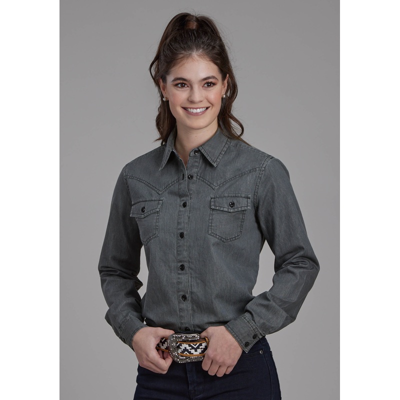 Womens Black Denim Long Sleeve Western Blouse Long Sleeve Button Western Shirt XS