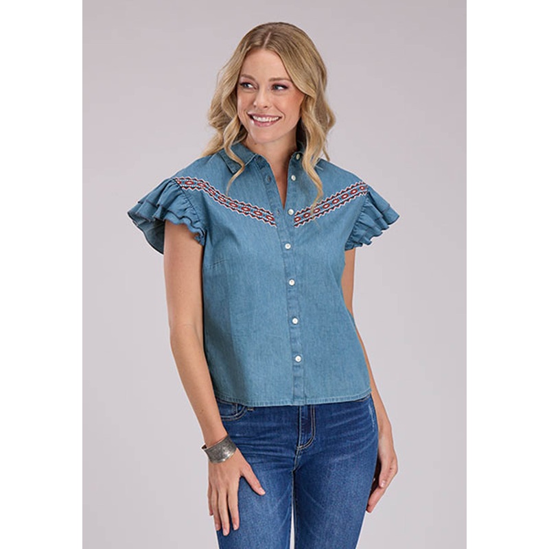 Womens Cotton Denim Blouse Short Sleeve Button Western Shirt XS