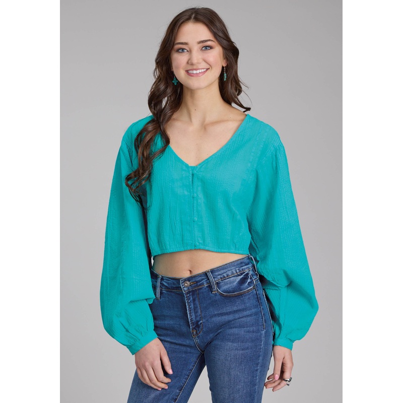 Womens Cotton Seer Sucker Blouse Long Sleeve Button Western Shirt XS