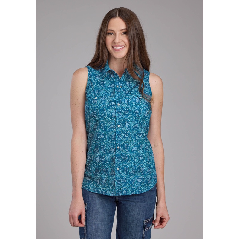Womens Denim Paisley Print Sleeveless Snap Western Shirt XS