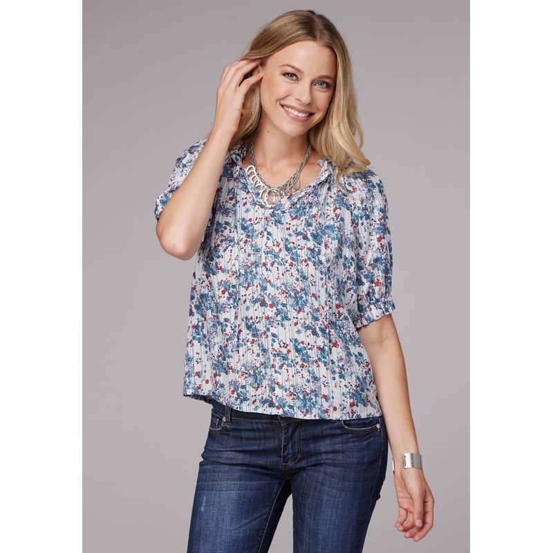 WOMENS DITZY FLORAL PRINT RAYON CHALLIS SHORT SLEEVE PULLOVER WESTERN SHIRT XS