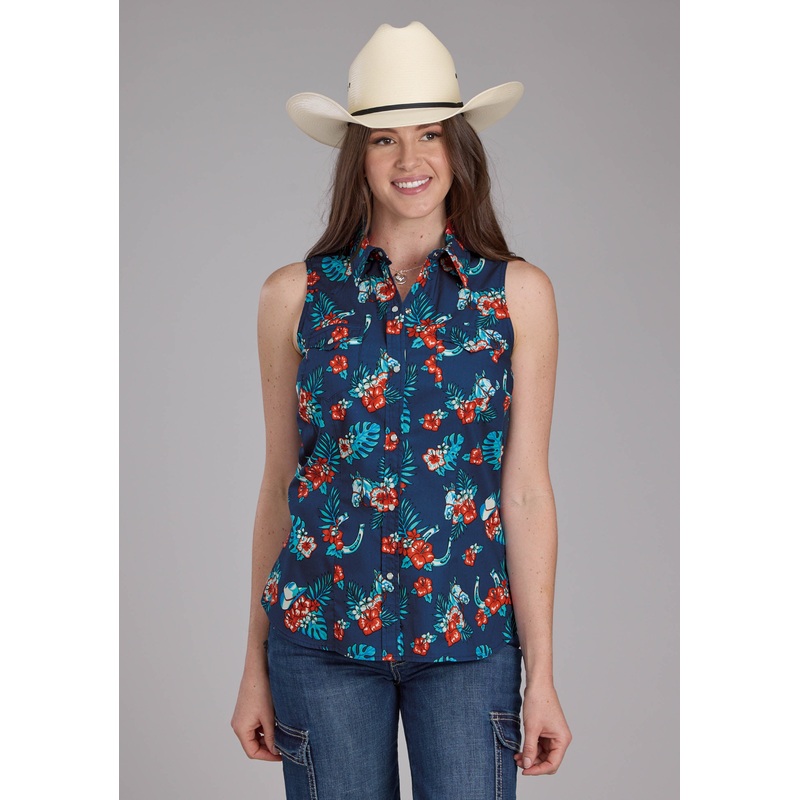 Womens Hawaiian Print Sleeveless Snap Western Shirt XS