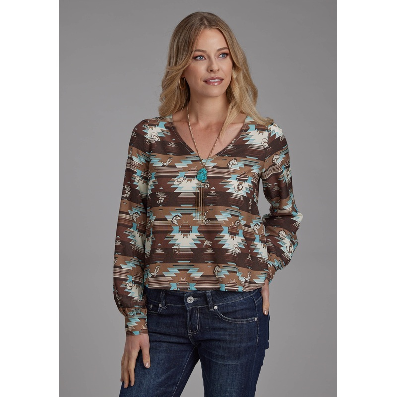 Womens Icon Aztec Printed Rayon Blouse Long Sleeve Button Western Shirt XS