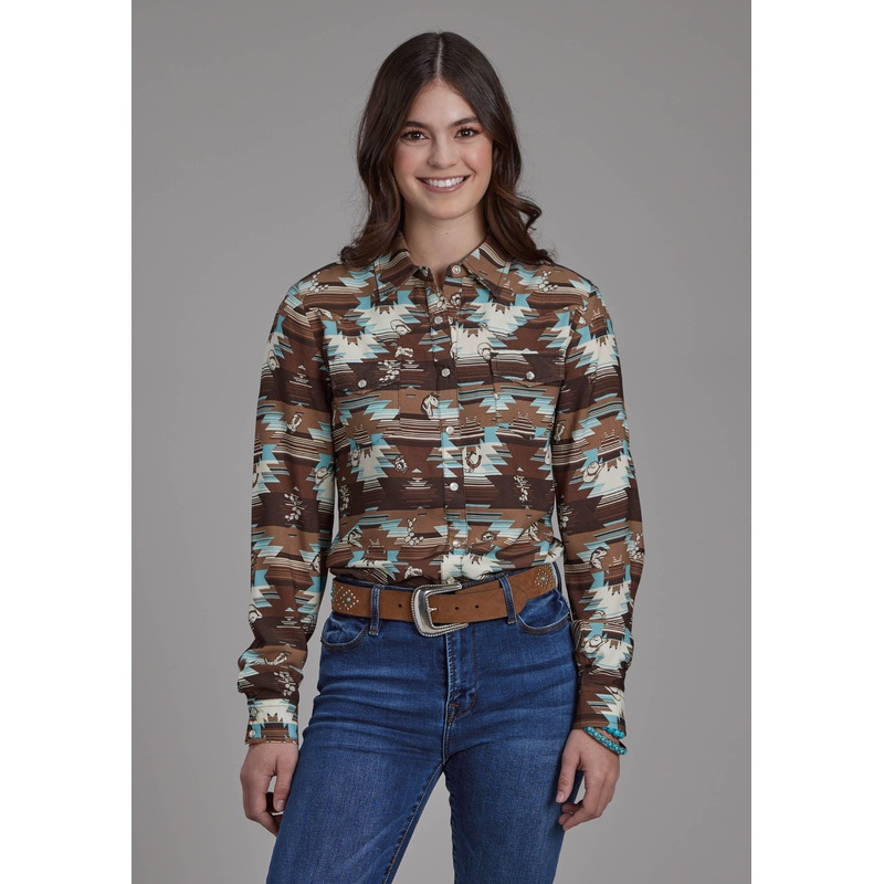 Womens Icon Aztec Printed Rayon Long Sleeve Snap Western Shirt XS