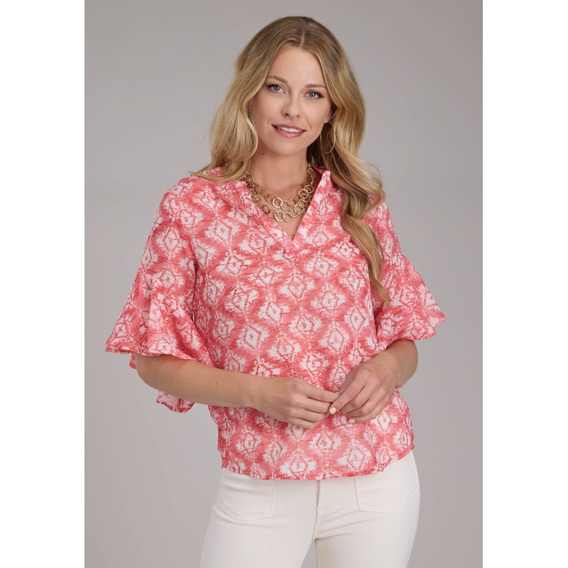 Womens Ikat Aztec Print Polyester Blouse Short Sleeve Pullover Western Shirt XS