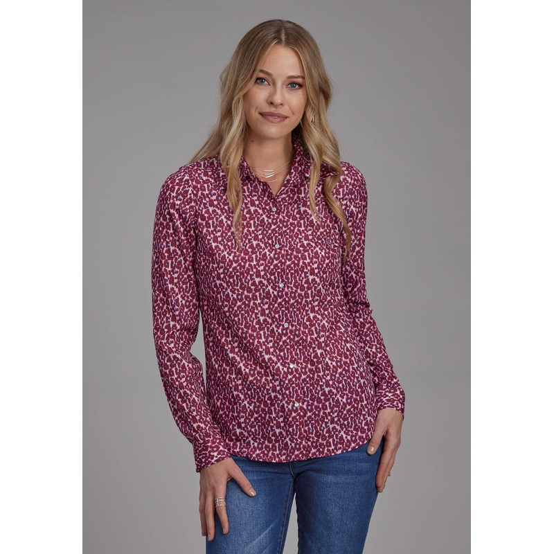 Womens Leopard Print Poly Crepe Blouse Long Sleeve Snap Western Shirt XS