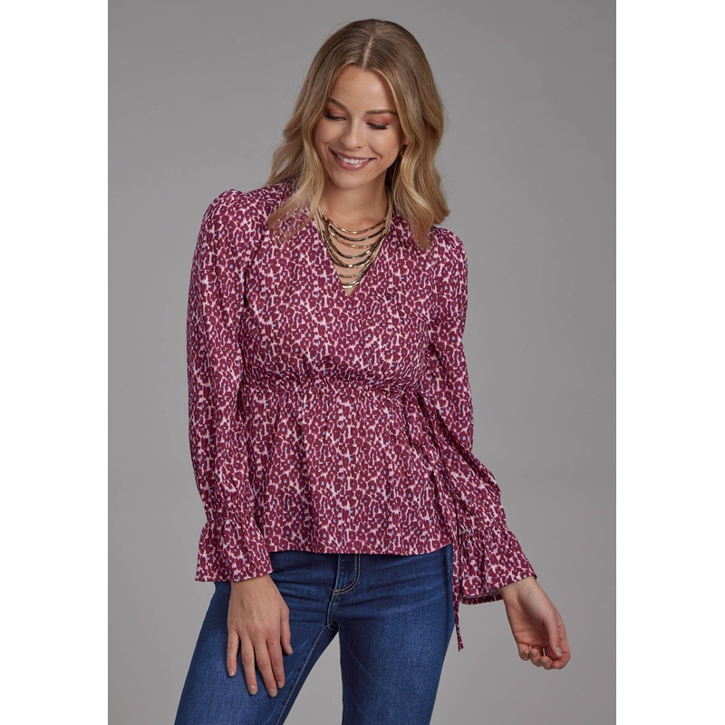 Womens Leopard Print Poly Crepe Long Sleeve Pullover Western Shirt XS