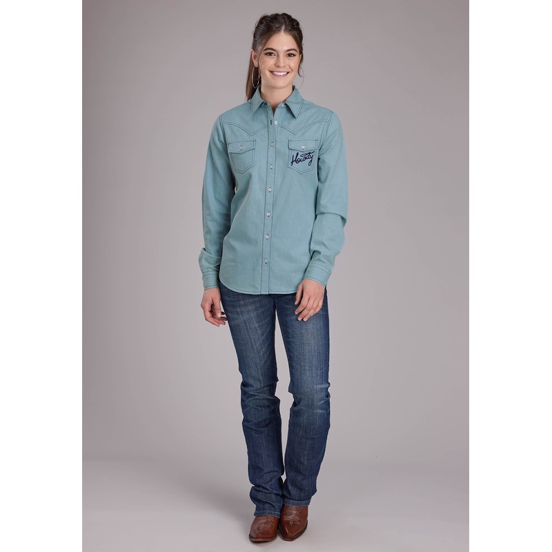 Womens Light Blue Denim Western Blouse Long Sleeve Button Western Shirt XS