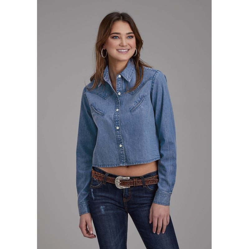 Womens Medium Blue Denim Long Sleeve Button Western Shirt XS