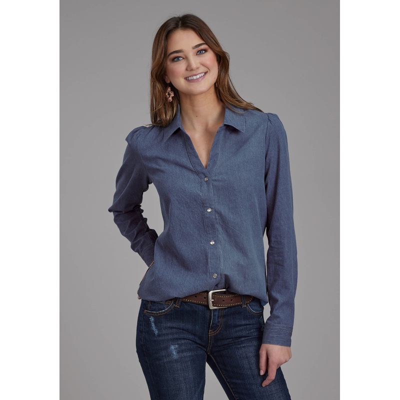 Womens Medium Denim Blue Western Shirt Long Sleeve Snap Western Shirt XS