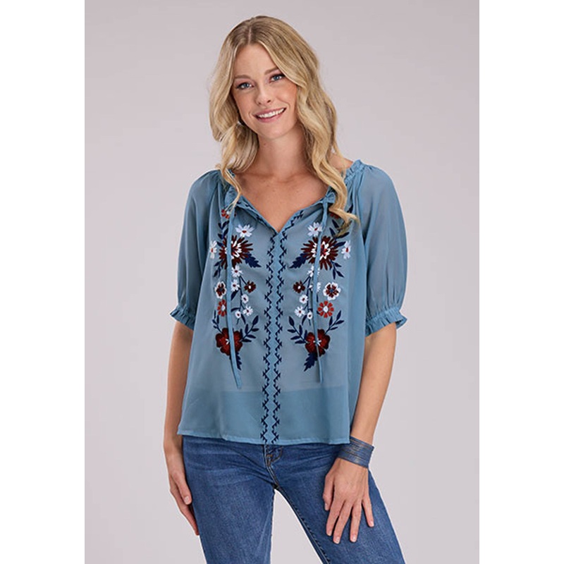 Womens Poly Georgette Blouse Short Sleeve Pullover Western Shirt XS