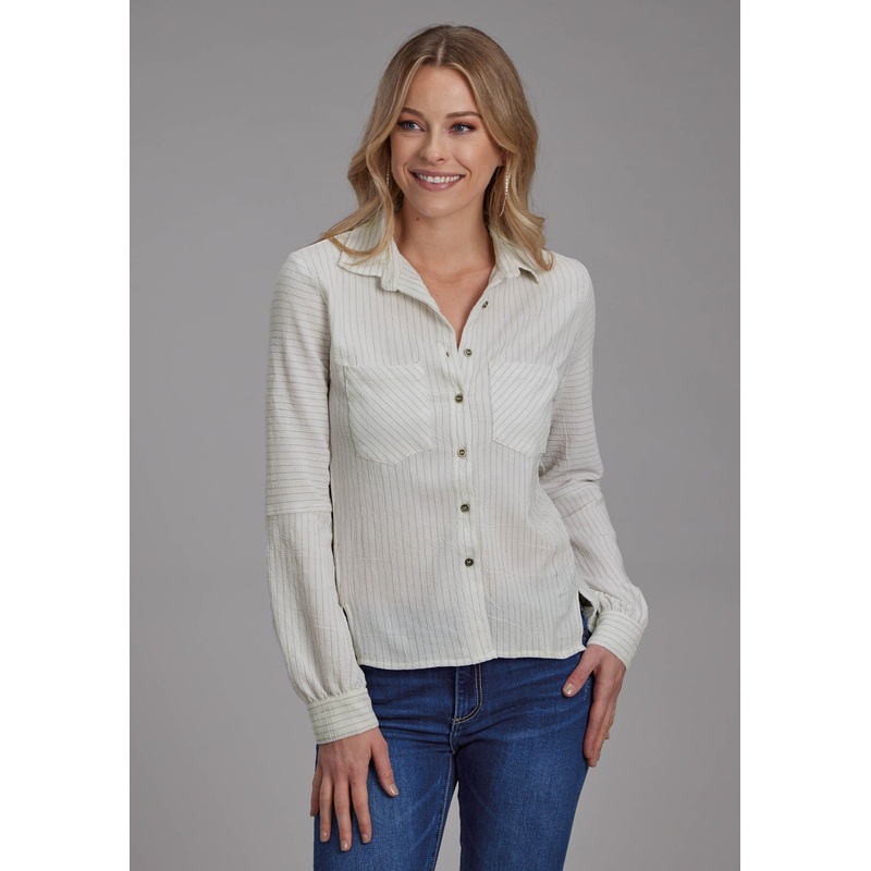 Womens Poly Spandex Moss Stripe Long Sleeve Button Western Shirt XS