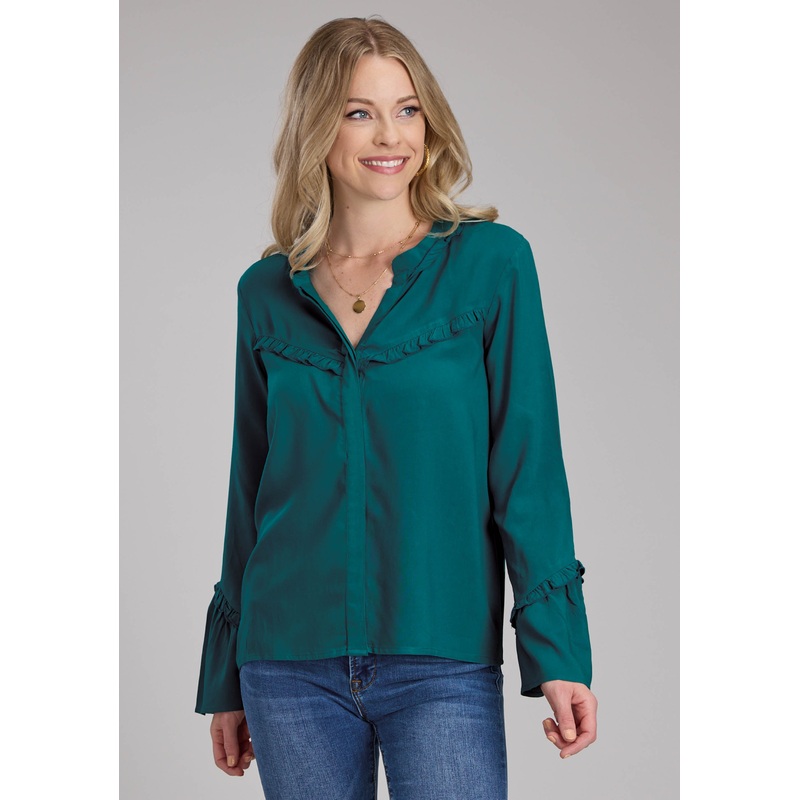 Womens Rayon Challis Peasant Blouse Long Sleeve Button Western Shirt XS