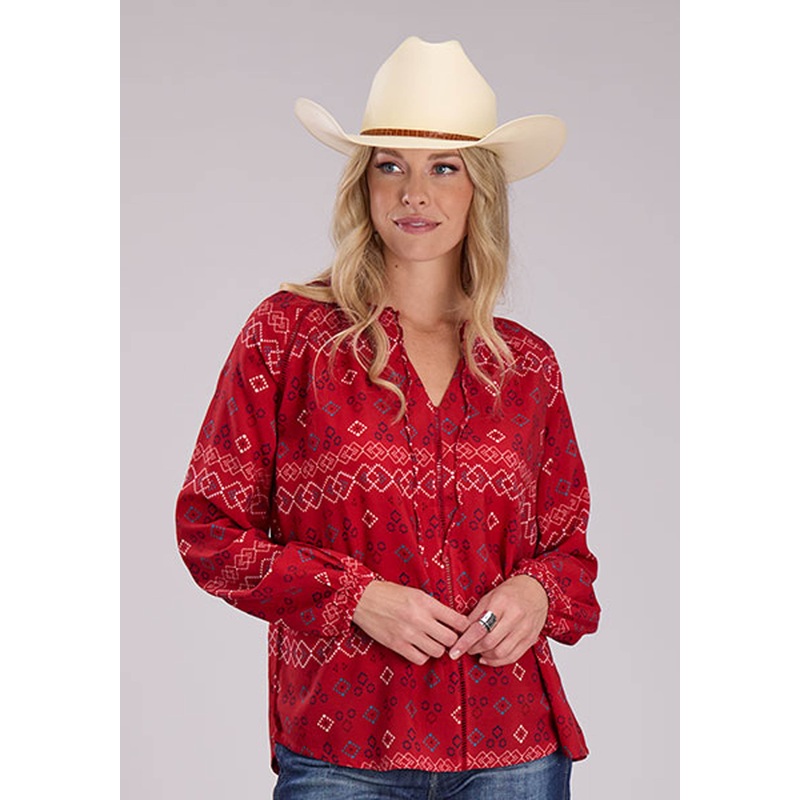 Womens Rwb Aztec Peasant Blouse Long Sleeve Pullover Western Shirt XS