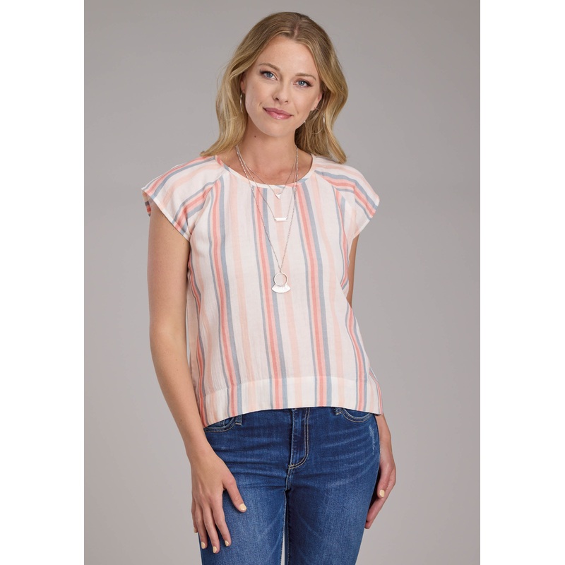 Womens Striped Double Cloth Ss Peasant Short Sleeve Pullover Western Shirt XS