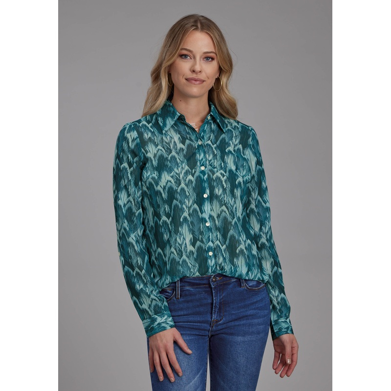 Womens Teal Feather Print Georgette Long Sleeve Button Western Shirt XS