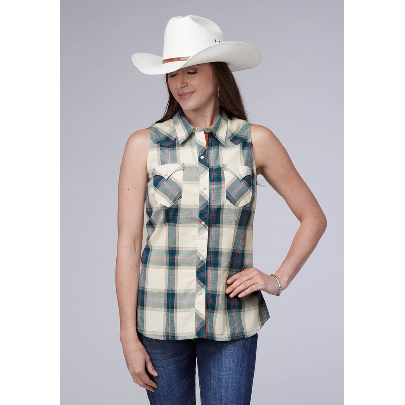 WOMENS TILE PLAID SLEEVELESS SNAP WESTERN SHIRT XS
