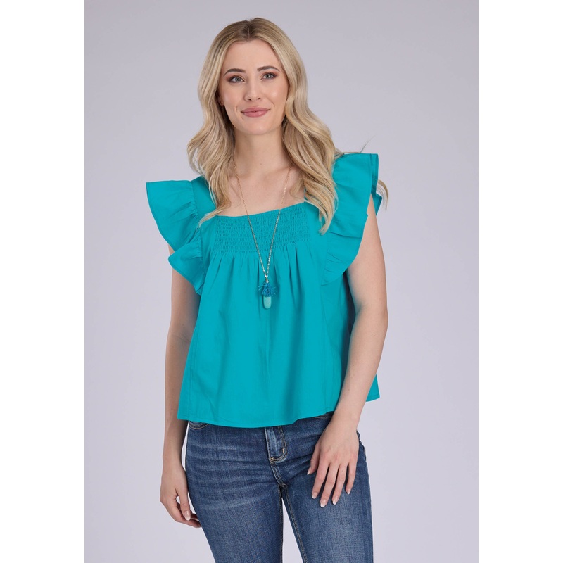 Womens Turquoise Cotton Blouse Short Sleeve Pullover Western Shirt XS