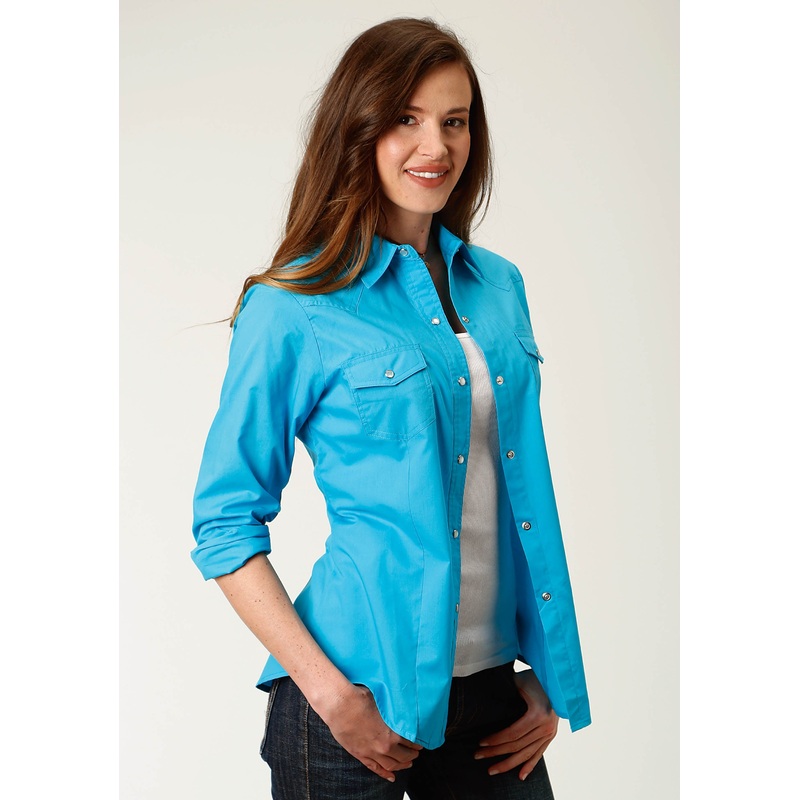 Womens Turquoise Solid Long Sleeve Snap Western Shirt XS