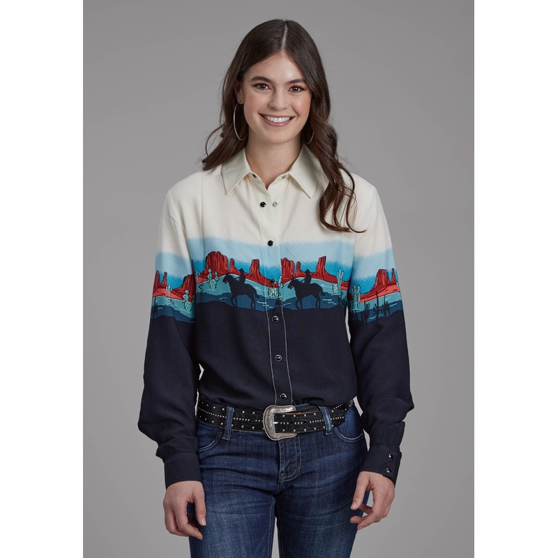 Womens Western Border Printed Rayon Long Sleeve Snap Western Shirt XS