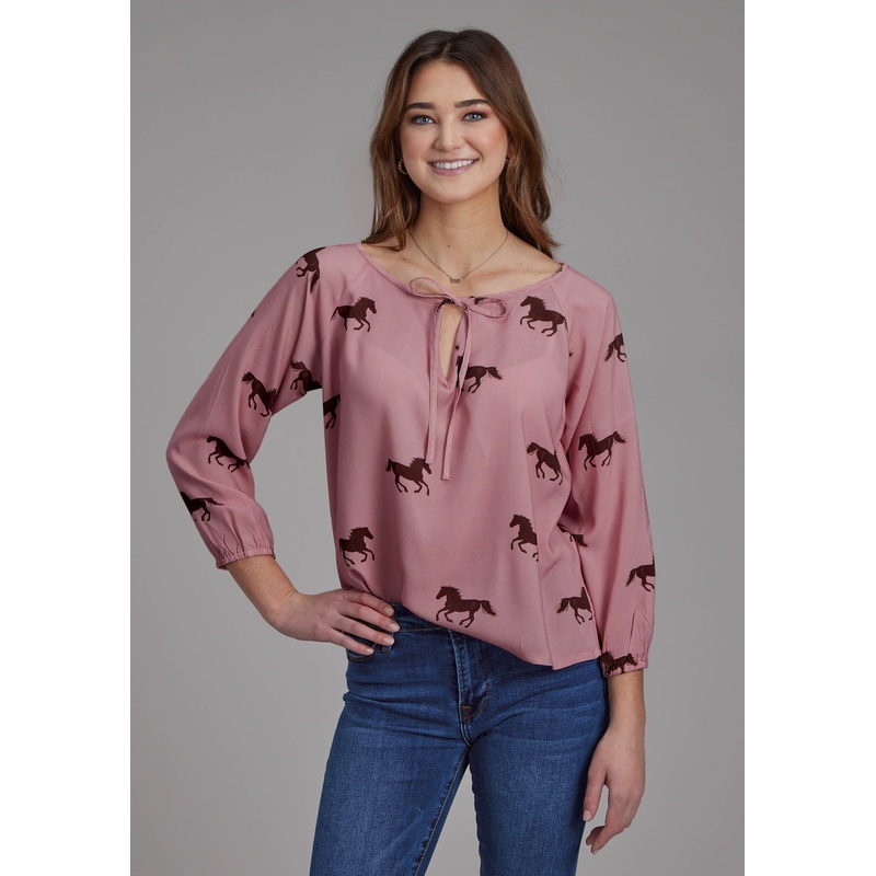 Womens Wild Horses Printed Rayon Long Sleeve Pullover Western Shirt XS