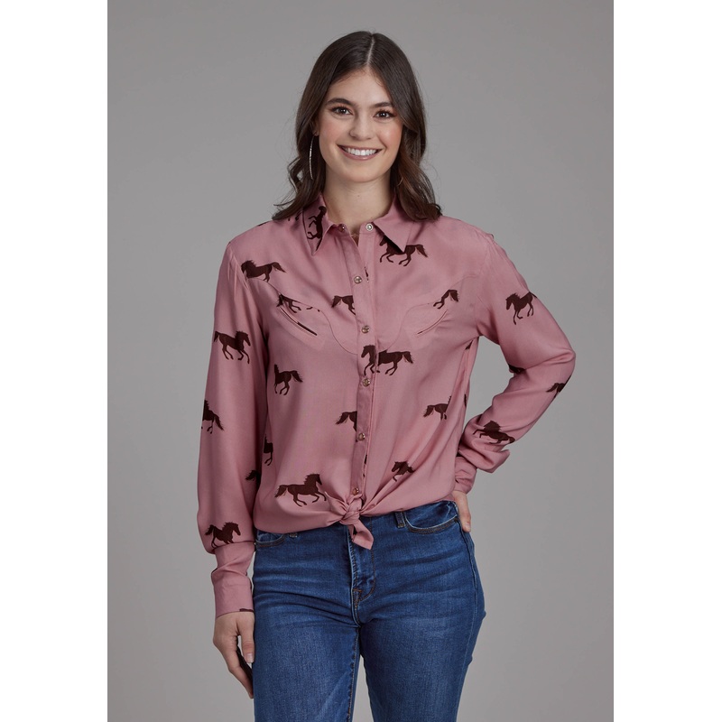 Womens Wild Horses Printed Rayon Long Sleeve Snap Western Shirt XS