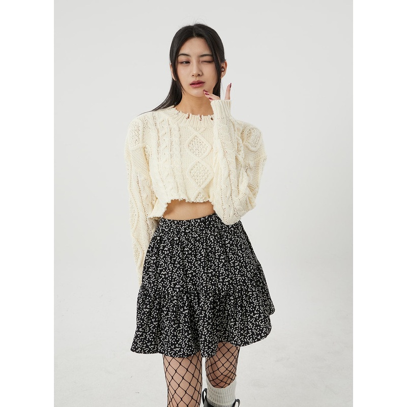 Cable Knit Ripped Cropped Sweater BJ320 Light beige S/M