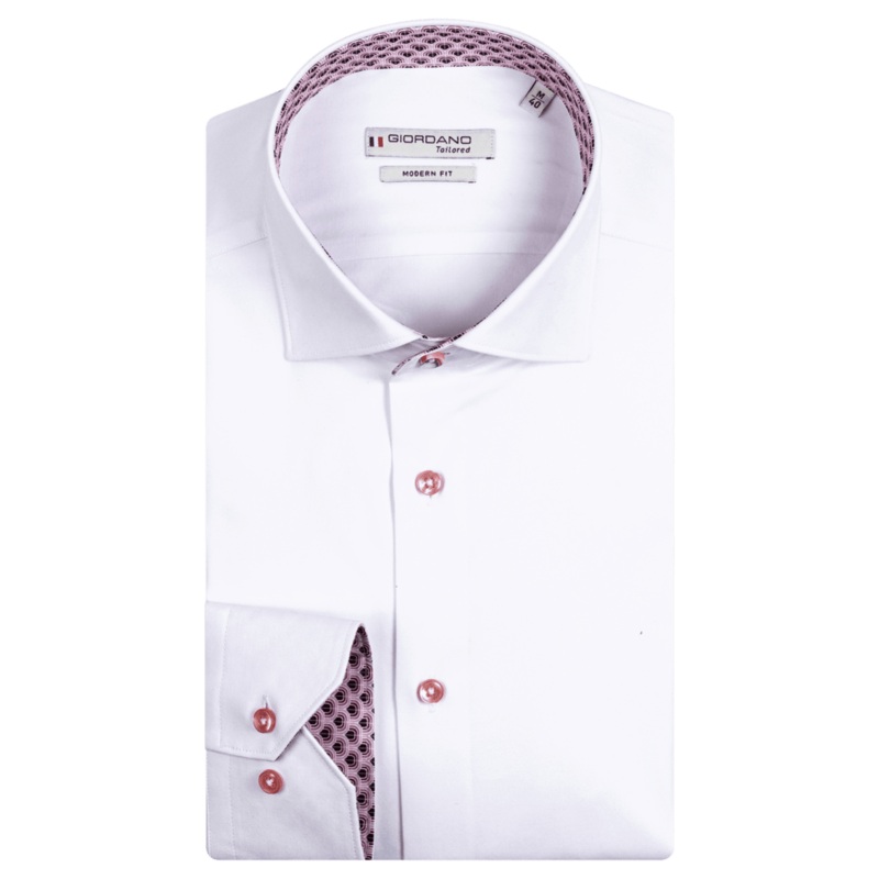Giordano Superfine Twill Long Sleeve Shirt With Trim White Medium