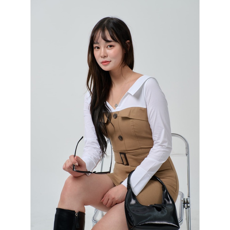 Layered V-Neck Button Belt Mini Dress ID29 Beige S