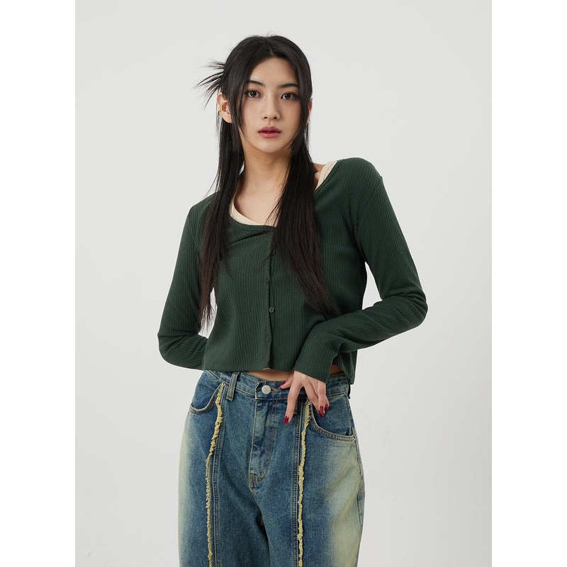 V-Neck Button Cropped Cardigan BJ318 White S/M