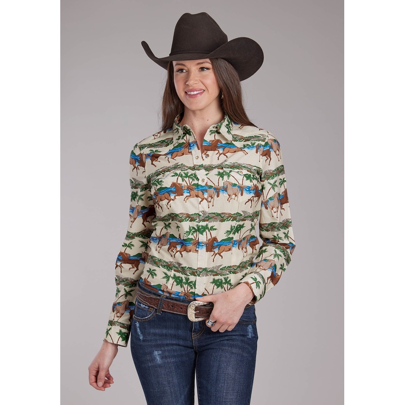 Womens 3 Tropical Horses Long Sleeve Snap Western Shirt XS